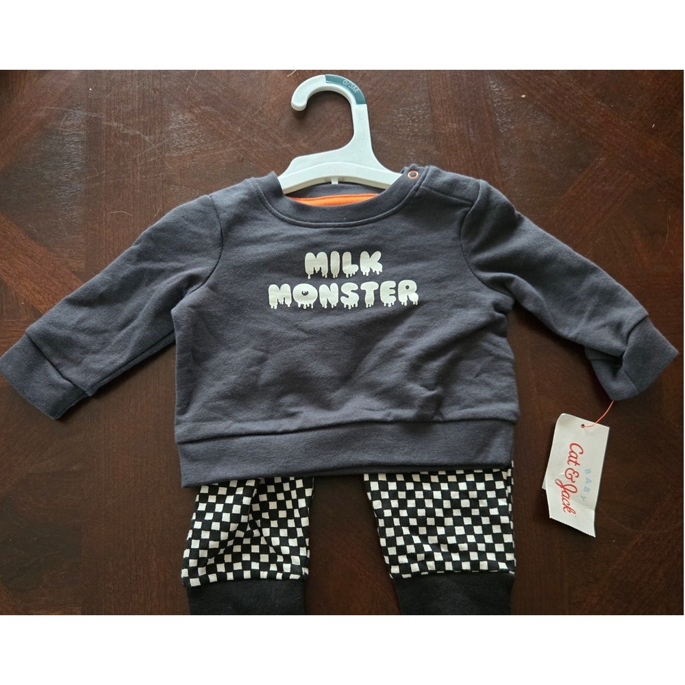 Cat & Jack Baby Milk Monster Sweatshirt and Checkered Pants Set 0-3M Gray NEW